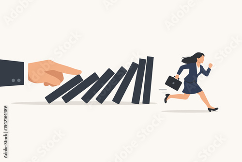 Businesswoman Running Away from Falling Dominoes Pushed by Giant Hand, Concept of Chain Reaction, Crisis Management, Risk Assessment, and Avoiding Business Failure in Corporate Environment