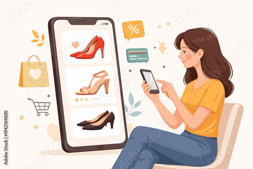 Vector illustration of a young woman sitting and using a smartphone app to shop online for designer high-heeled shoes, featuring a large mobile screen, shopping cart, and discount icons.