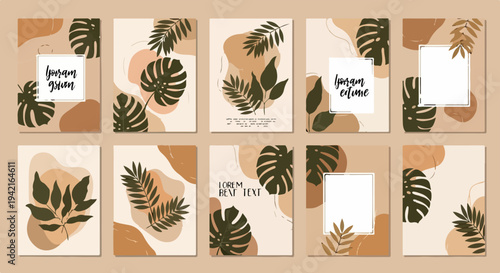 Collezione di sfondi astratti e minimalisti con foglie tropicali e forme organiche in tonalità neutre, ideali per design moderni e social media.