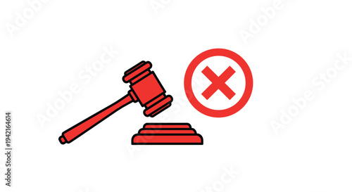 A vibrant red judge's gavel and its matching sound block are illustrated beside a large red cross mark on a clean white background.
