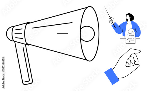Large megaphone beside person giving a public speech using notes and a pointing hand. Ideal for leadership, public speaking, influence, motivation, announcement, authority, simple flat metaphor