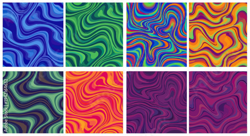 Una collezione vibrante di otto sfondi astratti con motivi ondulati e texture liquide, perfetti per design digitali e progetti creativi.