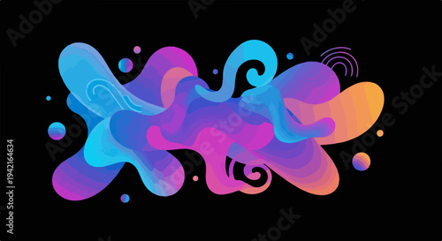 Composizione astratta di forme fluide e organiche con gradienti vibranti su sfondo scuro, creando un'illustrazione digitale moderna e dinamica.
