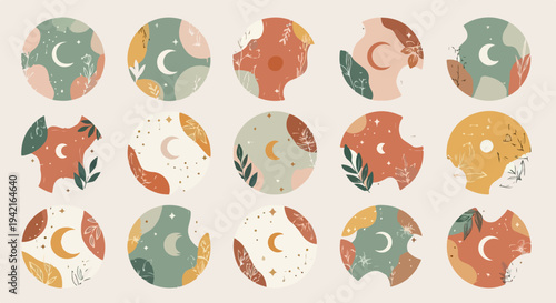 Collezione di icone circolari astratte in stile bohémien con lune crescenti, stelle ed elementi botanici, perfette per un'estetica spirituale e naturale.