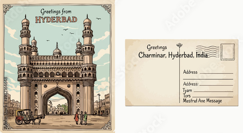 Cartolina vintage con l'iconico Charminar di Hyderabad, India, raffigurante la sua maestosa architettura e una scena di strada tradizionale.