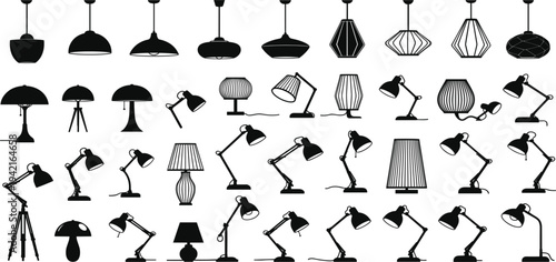 Lamp and Lighting Icon Set Featuring Desk Lamps, Ceiling Lights, Pendant Lamps, Floor Lamps, and Modern Lighting Designs in Black and White Vector Style