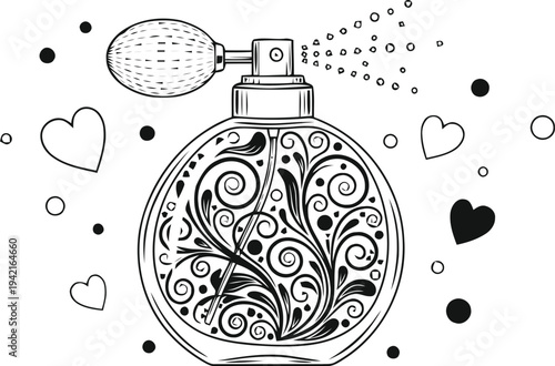 Illustration drawing of black outlines of a retro style perfume atomizer spray bottle with decorative floral elements