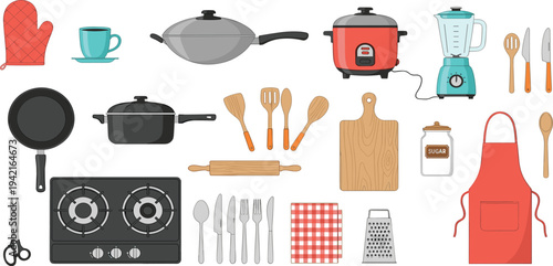 Kitchen Essentials Icon Set Featuring Cookware, Utensils, Blenders, Appliances, and Cooking Tools in a Bright Vector Style