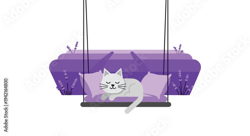 A serene light grey cat is peacefully sleeping on a dark swing with purple pillows, set against a stylized purple lavender landscape on a white background.