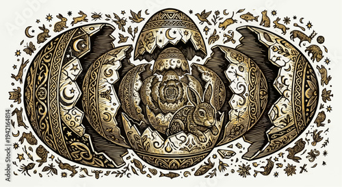 Sacred Easter Egg Relic with Rabbits and Ornamental Symbols