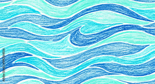 Motivo astratto di onde acquatiche disegnate a mano in vivaci tonalità di blu e turchese, evocando la tranquillità dell'oceano.
