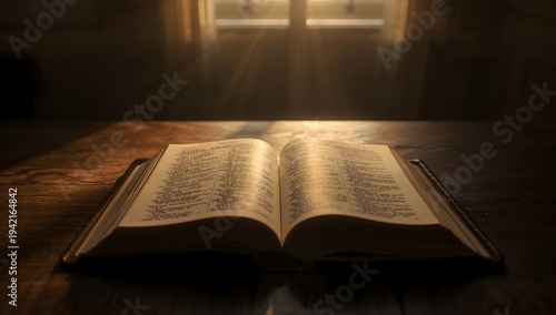 Illuminated Words: An open book rests upon a table, illuminated by a gentle beam of light, symbolizing knowledge and the power of literature.