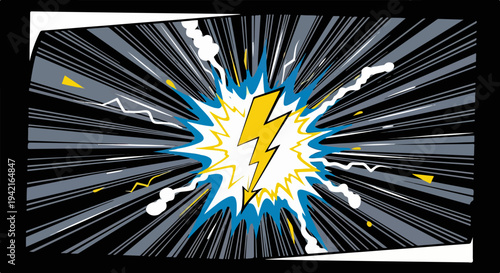 Illustrazione vettoriale dinamica di un fulmine giallo che esplode con linee radiali e fumo, evocando energia e potenza in stile fumetto.