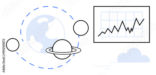 Data visualization, space analytics, global insights, planetary data, scientific research, technology trends. Graph with upward trend alongside Earth, Saturn and planetary elements. Data