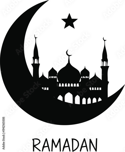 Ramadan kareem crescent moon with mosque and star silhouette Islamic holiday greeting card graphic design concept