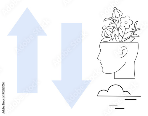 Human head with plants symbolizing growth beside upward and downward arrows, complemented by a peaceful cloud design. Ideal for mental health, balance, growth, positivity, decision-making