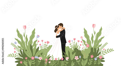 A wedding couple, a groom in a black tuxedo and a bride in a white dress, are embracing and kissing within a vibrant field of colorful flowers and green foliage.