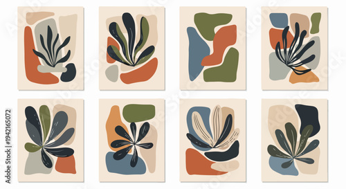 Collezione di otto stampe d'arte astratte con forme organiche e botaniche, tonalità terrose e design moderno per decorazioni murali eleganti.