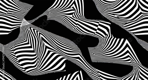 Dynamiczny czarno-biały abstrakcyjny wzór z falistymi, zniekształconymi liniami tworzący hipnotyzującą iluzję optyczną, idealny do nowoczesnych projektów.
