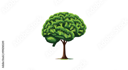 A vibrant green brain-shaped canopy, intricately formed from numerous broccoli florets, sits atop a slender brown tree trunk with a subtle shadow underneath.