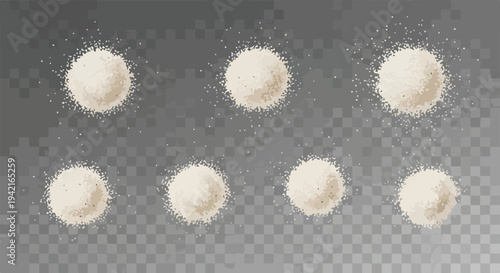 Mucchietti di zucchero semolato bianco su sfondo trasparente, ideali per ricette dolci e grafiche culinarie.