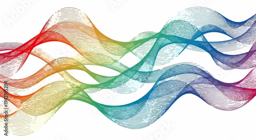 Abstrakcyjne falujące linie w tęczowych kolorach tworzące dynamiczny, cyfrowy gradient na białym tle, idealne do nowoczesnych projektów graficznych.