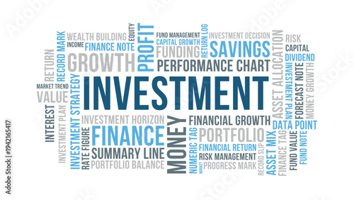 Investment Word Cloud Design for Finance Poster, Office Wall Art. Investment minimalist blue gray typography