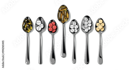 Seven metallic spoons of various sizes, arranged in an arc with a larger one centrally placed, are filled with colorful pills, capsules, and gel caps.