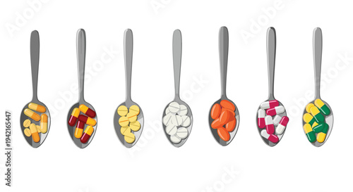 Seven uniformly sized metallic spoons are arranged in a straight line, each filled with distinct brightly colored pharmaceutical capsules and tablets.