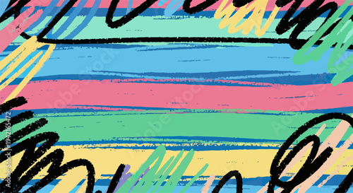 Sfondo astratto e vibrante con strisce orizzontali multicolori e scarabocchi artistici, perfetto per design moderni e creativi.