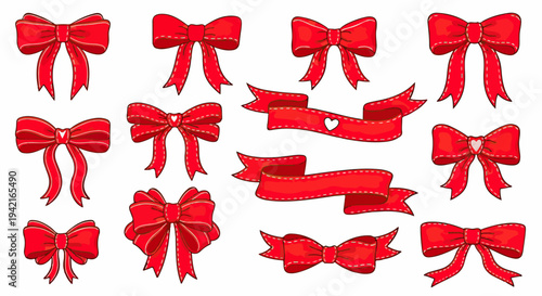 Kolekcja czerwonych kokardek i wstążek, idealnych do dekoracji prezentów, świąt i uroczystości, z eleganckimi detalami.