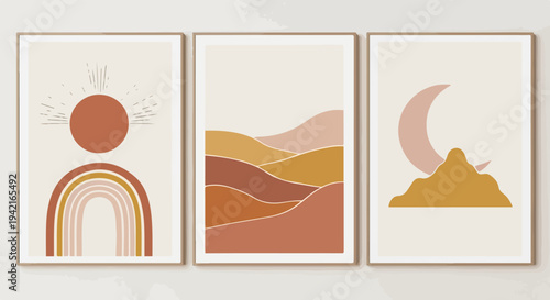Trzy minimalistyczne obrazy boho z abstrakcyjnym słońcem, tęczą, księżycem i krajobrazem, w ziemskich odcieniach, idealne do wystroju wnętrz.