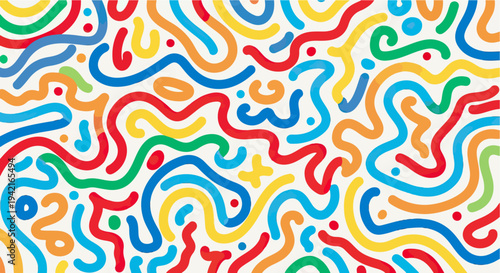 Żywy abstrakcyjny wzór kolorowych falistych linii i kropek tworzący radosne i dynamiczne tło.