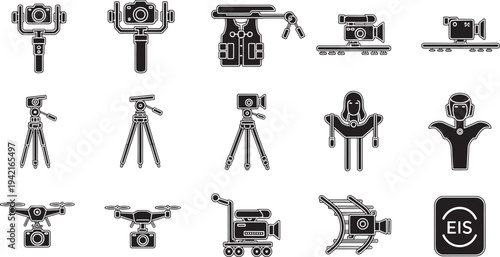 Collection of black and white for and production equipment camera stabilizer gimbal camera rig camera slider