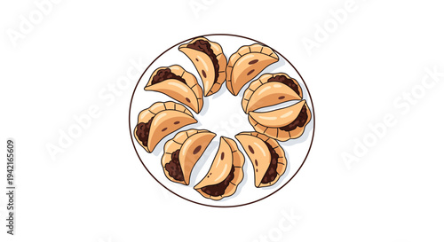 Ten crescent-shaped pastries with crimped edges and dark brown filling are arranged in a circle on a white plate.