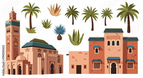 흰색 배경에 모로코 양식의 이슬람 건축물인 모스크와 전통 가옥, 다양한 사막 식물(야자수, 아가베, 알로에베라)이 조화롭게 배치된 이국적인 벡터 일러스트레이션 세트.