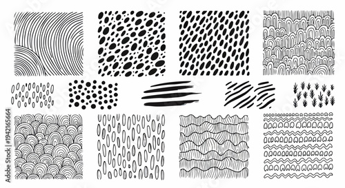 다양한 손으로 그린 흑백 추상 무늬와 질감, 브러시 스트로크 컬렉션으로 구성된 이 그래픽 세트는 현대적인 배경과 창의적인 디자인 프로젝트를 위한 독특하고 다용도적인 예술적 요소를 제공합니다.