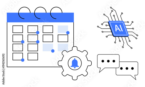 Artificial intelligence, task management, automation tools, communication systems, machine learning, productivity. Calendar with gear and notification, AI chip and chat bubbles. AI automation
