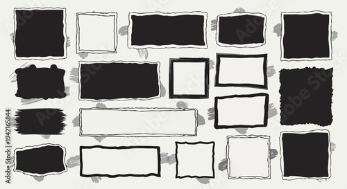 손으로 그린 듯한 거친 질감과 불규칙한 가장자리가 특징인 다양한 크기의 검은색 및 흰색 프레임과 도형들이 모여있는 추상적인 디자인 요소 세트로, 창의적인 배경이나 텍스트 상자로 활용하기 좋습니다.