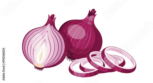 A whole red onion, a halved onion revealing concentric rings, and several distinct onion rings are prominently displayed on a pristine white background.