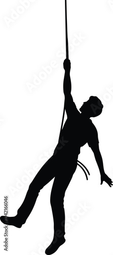 Black Silhouette of a Person Hanging on a Rope Wearing Climbing Harness Isolated on White Background for Extreme Sports Illustration