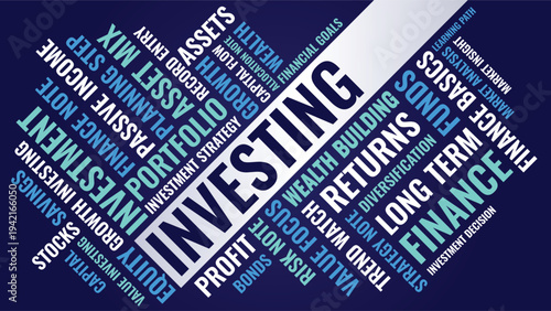 Investing Word Cloud Design for Poster, Banner, Social Media Banner, Wall Art. Investing diagonal bold typography