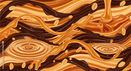 부드럽고 매끄럽게 소용돌이치는 진한 다크 초콜릿과 달콤한 카라멜 시럽이 볶은 커피 원두와 함께 어우러져 역동적으로 흐르는 추상적인 음식 배경 일러스트레이션으로 디저트 카페와 베이커리 홍보용 디자인에 완벽합니다.