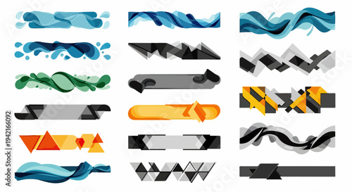 웹 디자인, 비디오 편집 및 프레젠테이션에 활용할 수 있는 현대적이고 추상적인 그래픽 배너, 헤더 및 로어 서드 요소들의 대규모 컬렉션입니다.