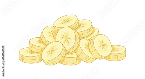 A large, irregularly stacked pile of numerous light yellow banana slices with visible star-shaped cores is presented on a clean white background.