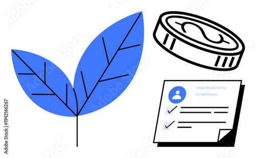 Leaf representing eco-consciousness, coin symbolizing economy, checklist showing planning. Ideal for sustainability, finance, planning, eco-friendly business, growth, responsibility simple flat