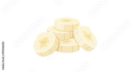 A smaller, neatly arranged stack of several light yellow banana slices, each revealing its distinct star-shaped core, is displayed on a bright white background.
