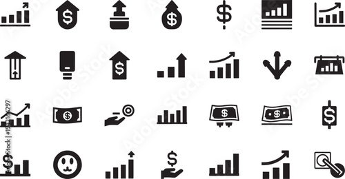 Collection of black financial and growth on white background finance money graph chart