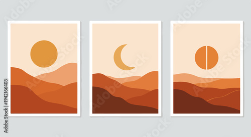 따뜻한 흙빛 추상 산 풍경과 해, 달, 그리고 기하학적 형태가 조화롭게 어우러진 모던 보헤미안 벽 예술 포스터 세트입니다.