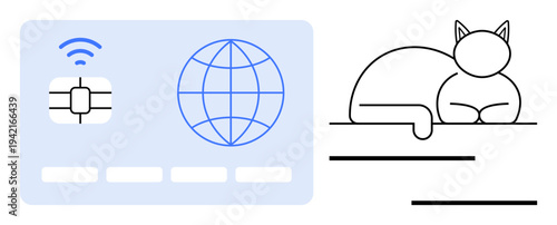 Chip-enabled smart card with wireless icon and globe emphasizes connectivity. Sleeping cat adds relaxation contrast. Ideal for technology, networking, digital identity, security, simplicity, balance